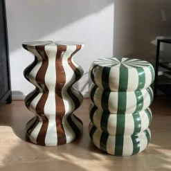 Bijzettafel bubbles stripes - beige/groen - ø35x45 cm