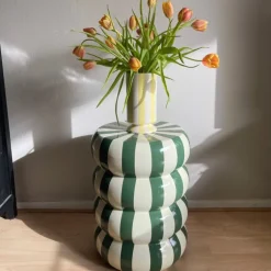Bijzettafel bubbles stripes - beige/groen - ø35x45 cm