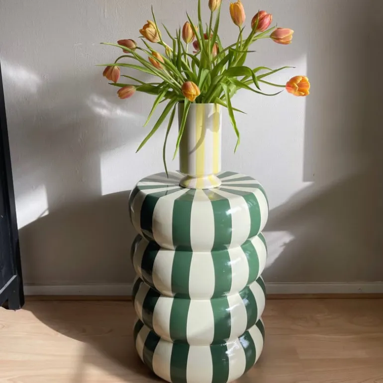Bijzettafel bubbles stripes - beige/groen - ø35x45 cm