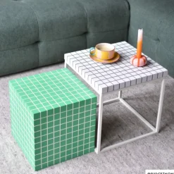 Bijzettafel checks met metalen frame - wit - 36x36x36 cm
