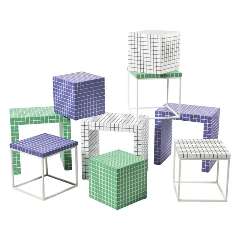 Bijzettafel checks met metalen frame - wit - 36x36x36 cm