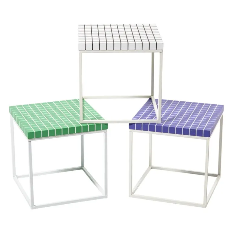 Bijzettafel checks met metalen frame - wit - 36x36x36 cm
