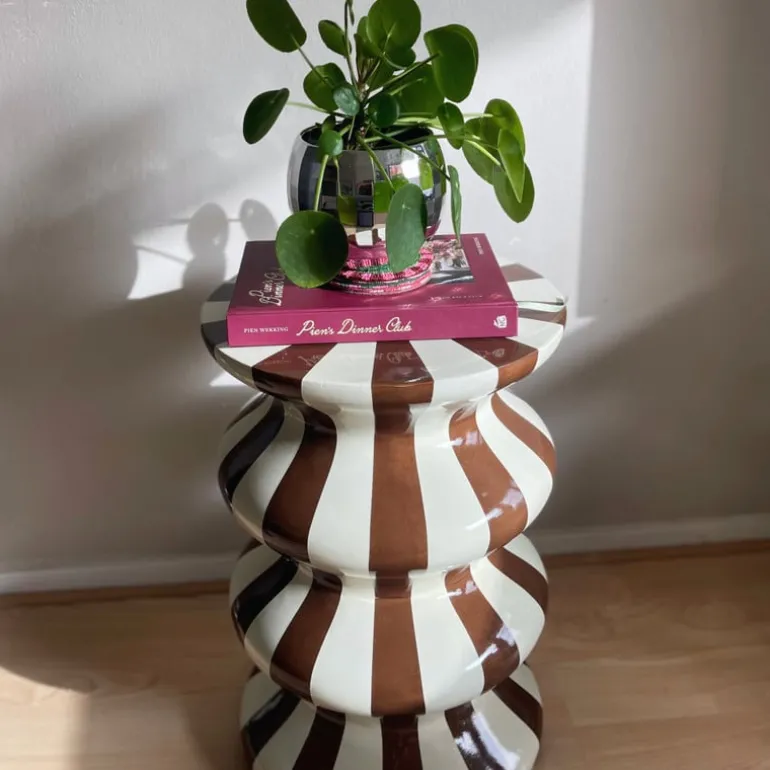 Bijzettafel waves stripes - beige/bruin - ø35x55 cm