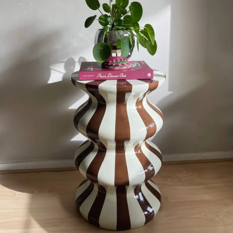 Bijzettafel waves stripes - beige/bruin - ø35x55 cm