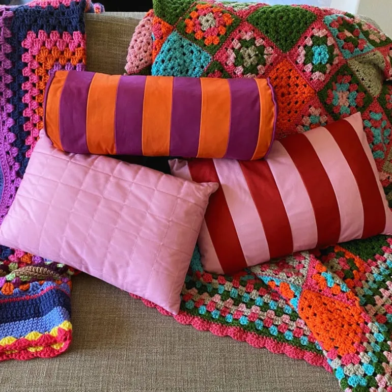 Bolster kussen met strepen - paars/oranje - ø18x45 cm