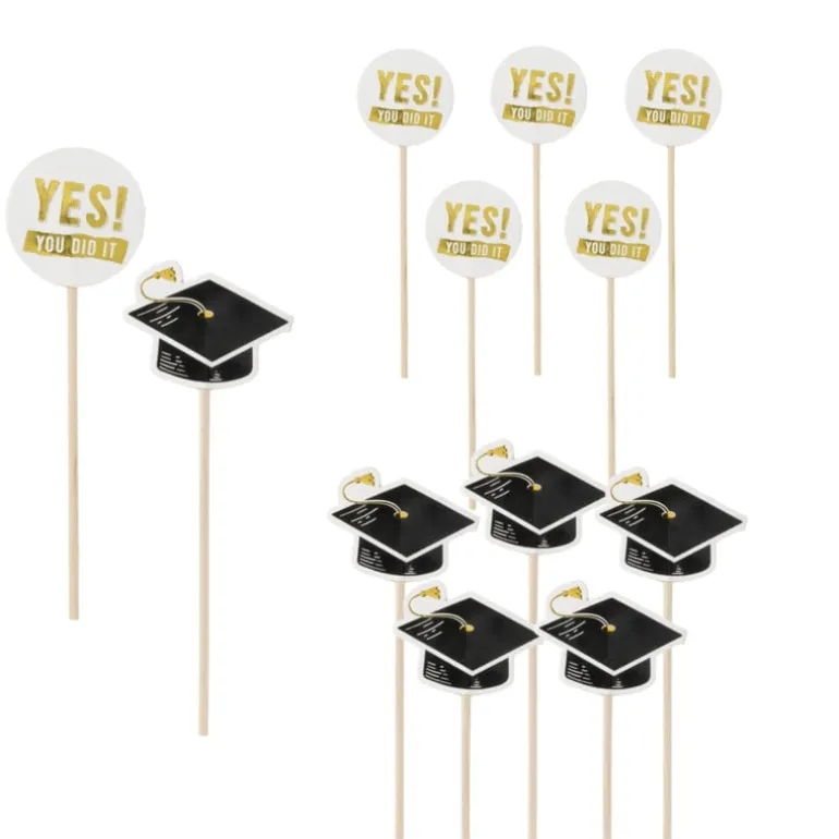 Cocktailprikkers met geslaagd - zwart/goud - set van 12