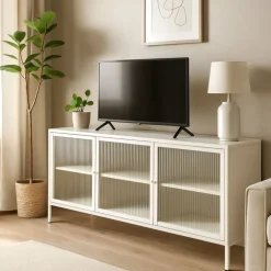 Dressoir Luca met geribbeld glazen deurtjes - offwhite - 50x120x42 cm