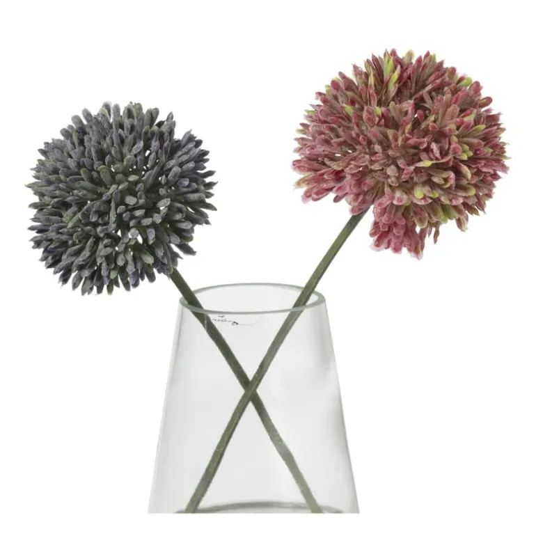 Glazen vaasje met allium bloem - roze/paars - 18x14x8 cm