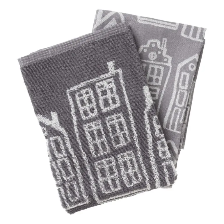 Handdoek antraciet huisjes - antraciet/wit - 50x50 cm