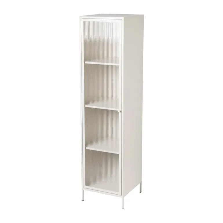 Hoge kast Luca met geribbeld glazen deurtje - offwhite - 160x42x40 cm