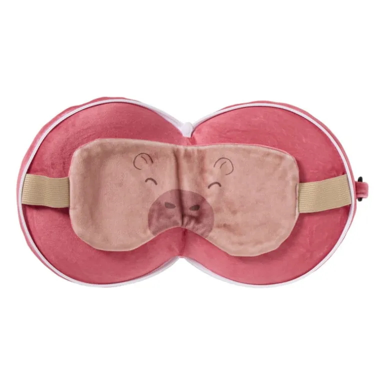 2-in-1 reiskussen capibara met oogmasker - roze/rood