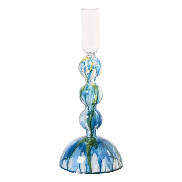 Kandelaar dipdye - blauw/wit - ø9x21 cm
