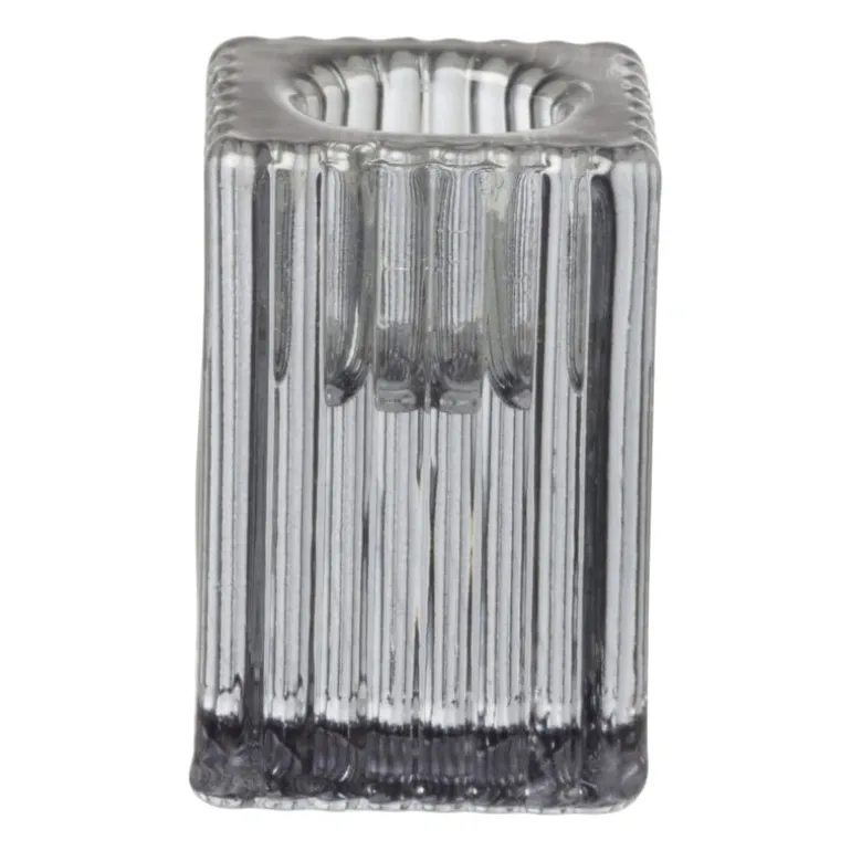 Kandelaar rib glas - grijs - 4x4x6 cm