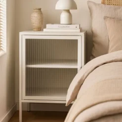Nachtkastje Luca met geribbeld glazen deurtje - offwhite - 55.5x40x32 cm
