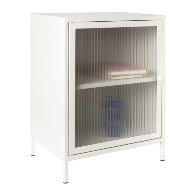 Nachtkastje Luca met geribbeld glazen deurtje - offwhite - 55.5x40x32 cm