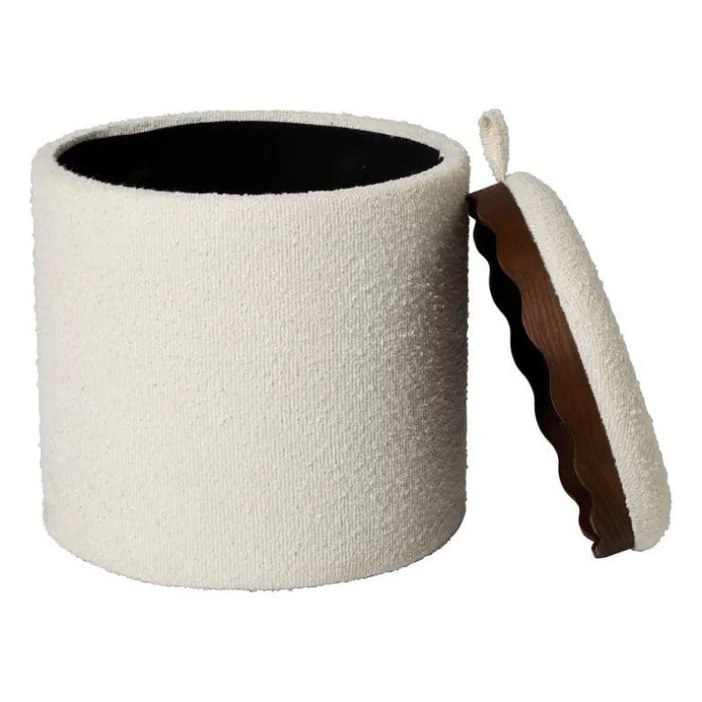 Opbergpoef bouclé met dienblad - beige/bruin - ø37.5x39 cm