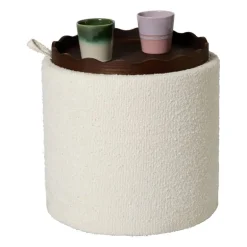 Opbergpoef bouclé met dienblad - beige/bruin - ø37.5x39 cm