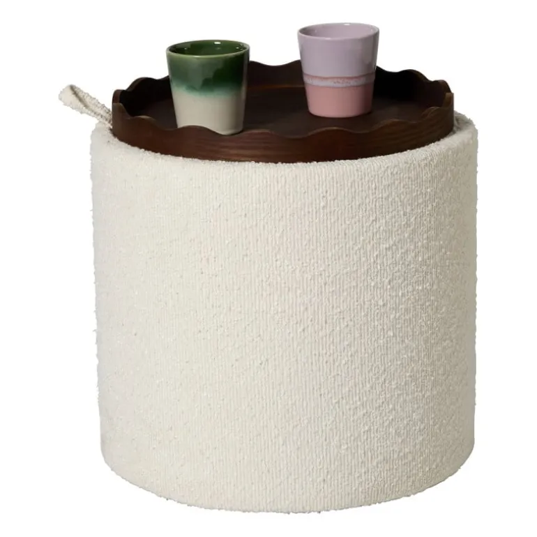 Opbergpoef bouclé met dienblad - beige/bruin - ø37.5x39 cm