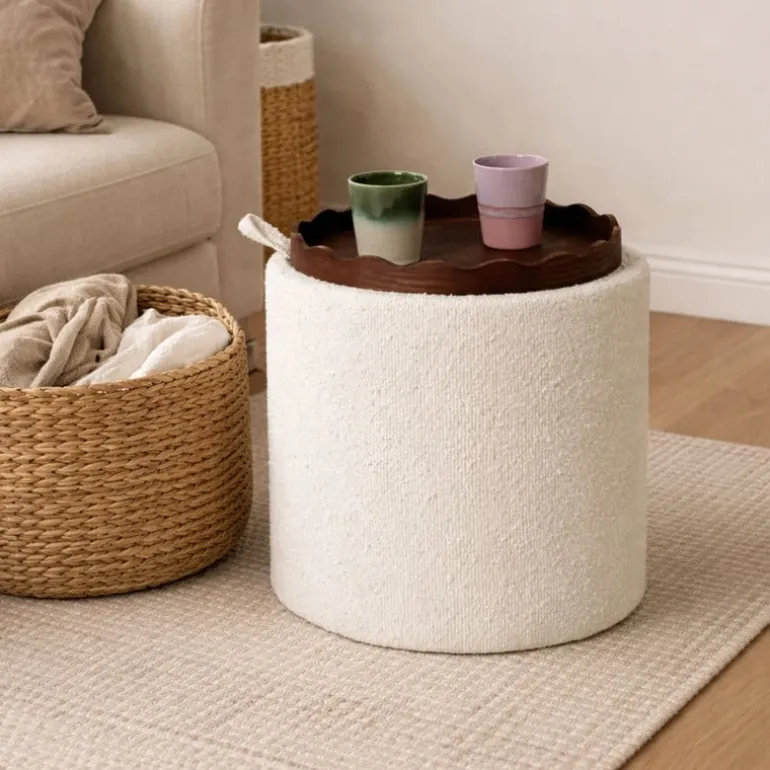 Opbergpoef bouclé met dienblad - beige/bruin - ø37.5x39 cm
