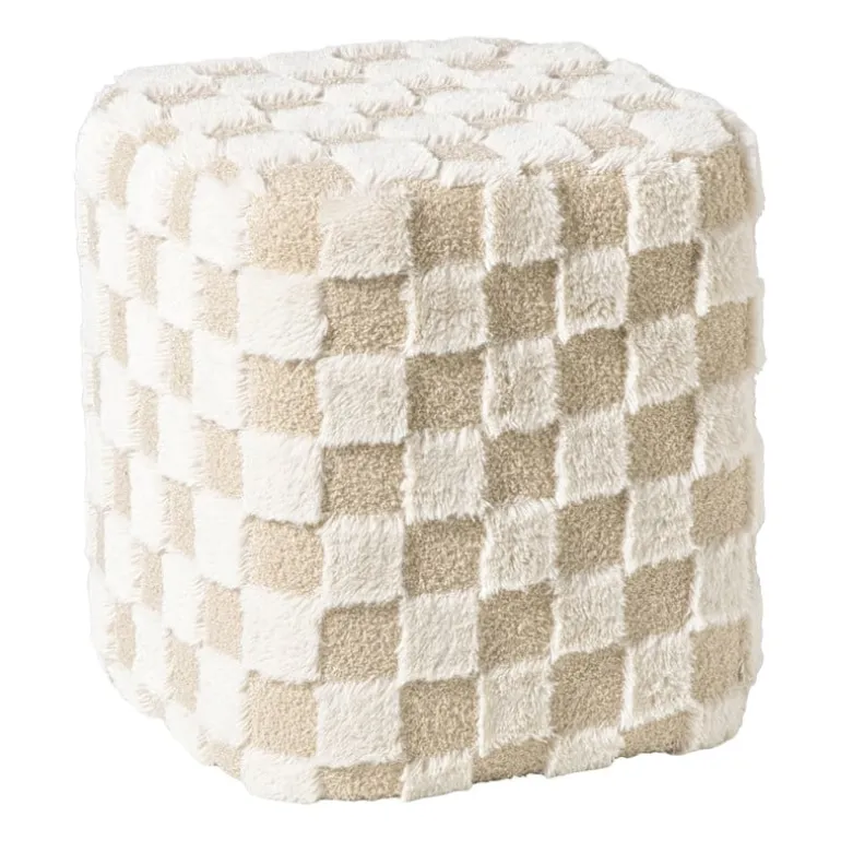 Poef checks - beige - 38x35x35 cm
