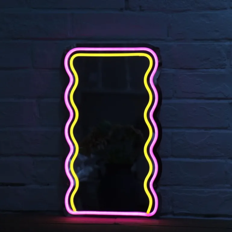 Spiegel met golven LED - geel/roze - 40x23x1.4 cm