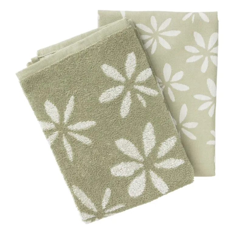 Theedoek bloemen - groen/wit - 50x70 cm