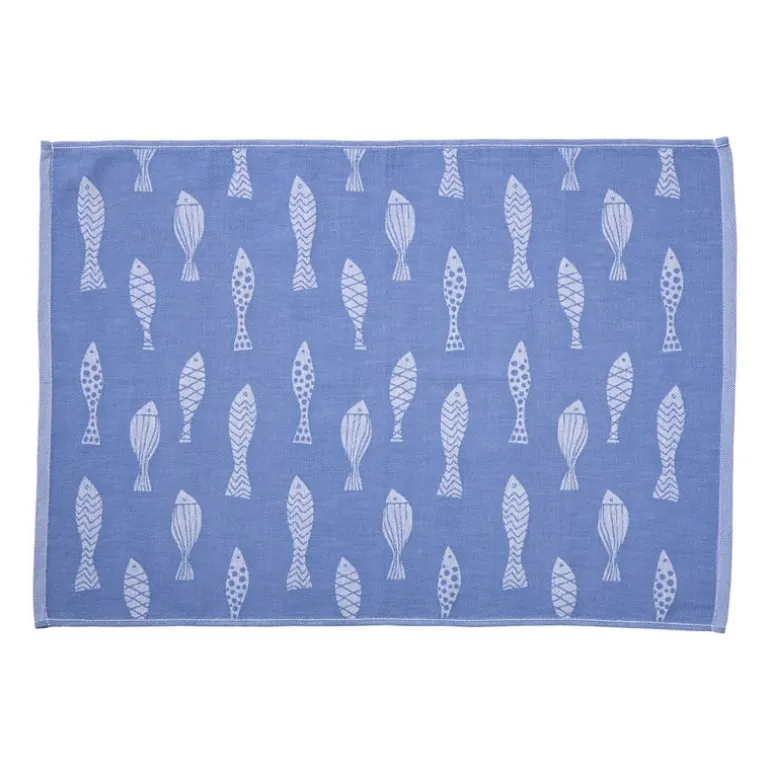 Theedoek vissen - blauw/wit - 50x70 cm
