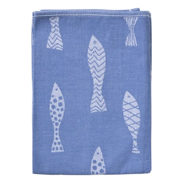 Theedoek vissen - blauw/wit - 50x70 cm