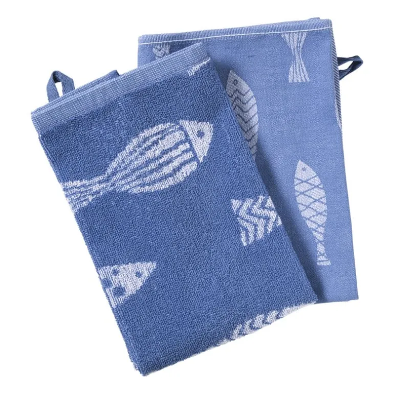 Theedoek vissen - blauw/wit - 50x70 cm