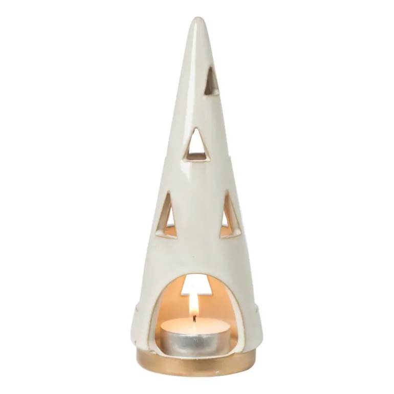 Theelichthouder kerstboom - beige - ø7x19 cm