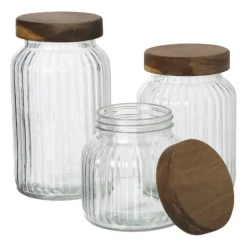 Voorraadpot ribbel met acacia deksel - ø11x20 cm