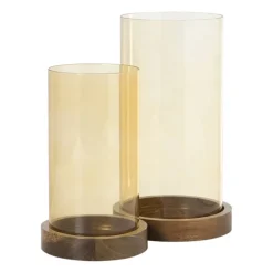 Windlicht glas en hout klein - beige/bruin - Ćø10x20 cm